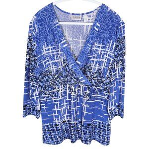 CHICOS TRAVELERS Abstract Print Surplice Slinky Knit Top Size 3 XL Blue Black